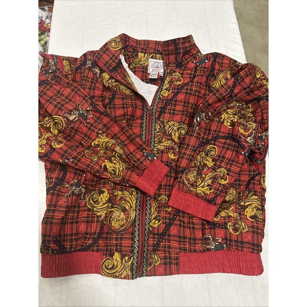 Sports Accent Vintage Red Plaid Baroque Gold Scroll Windbreaker Jacket Womens M